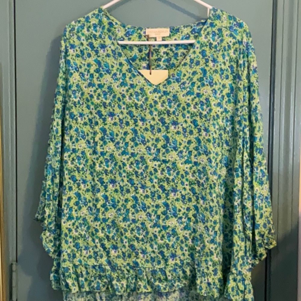 Cynthia Rowley Blue and Green Artistic ditsy floral ruffle trim cottage Blouse